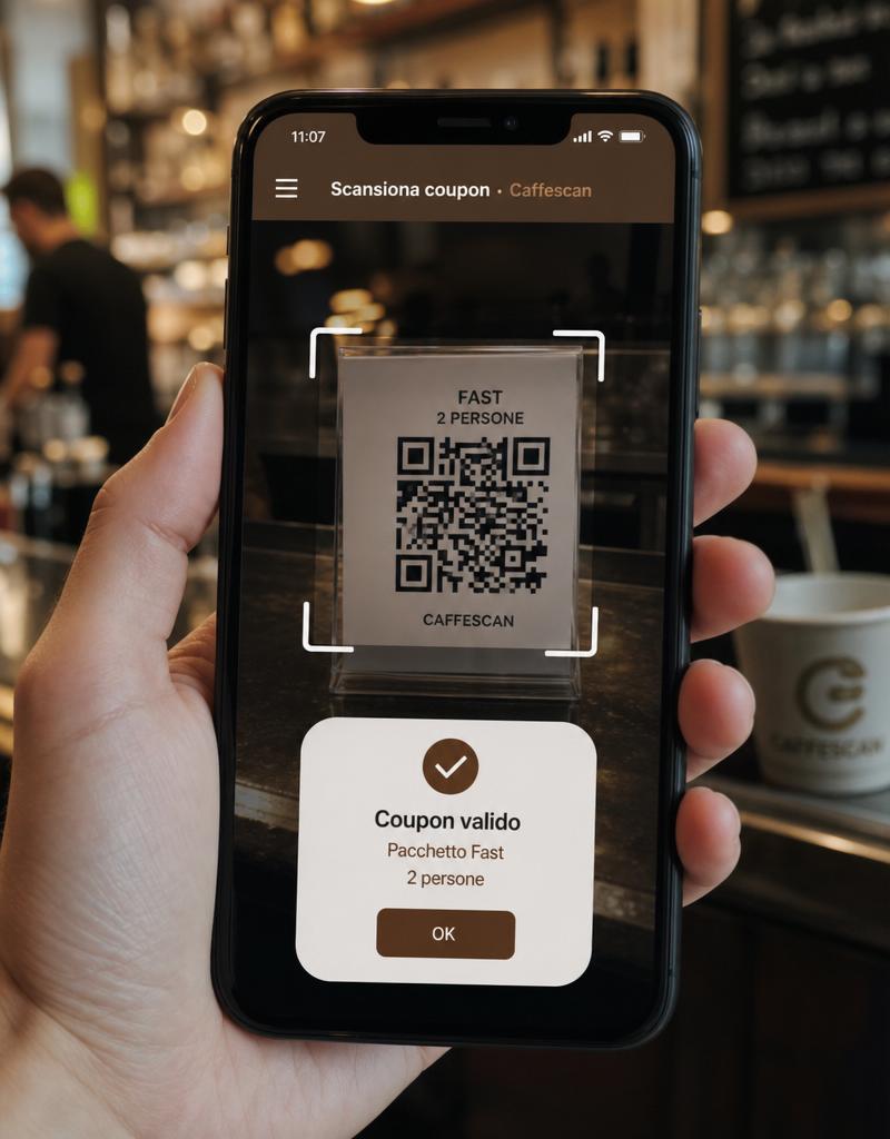 Bar partner che scansiona il QR code di un coupon Caffescan